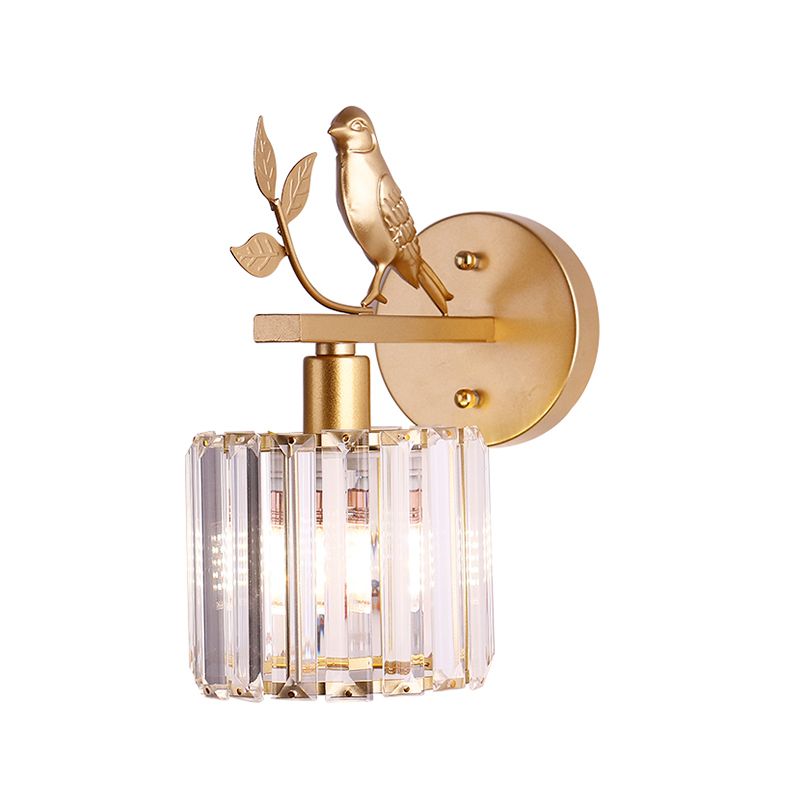 K9 Crystal Cylinder Wall Mounted Lamp Contemporary 1 Bulb Wall Sconce with Bird Accent in Black/Gold