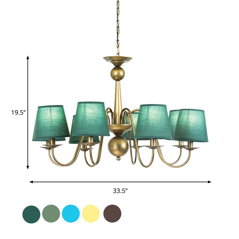 8-Bulb Tapered Chandelier Light Fixture Country Coffee/Yellow/Dark Green Fabric Down Lighting with Swooping Arm