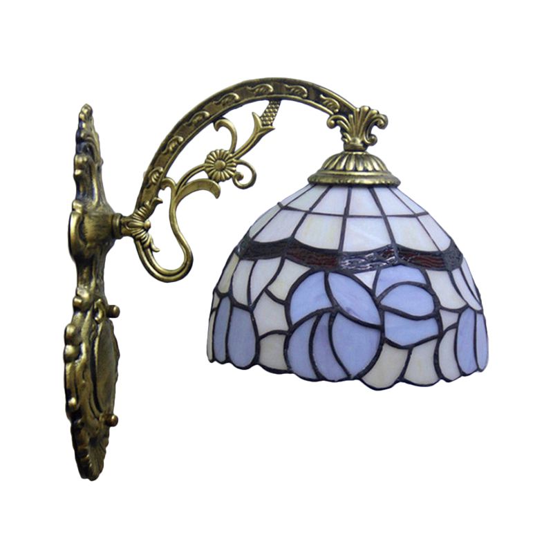 1 Light Bowl Wall Lamp Sconce Tiffany Style Blue Stained Art Glass Wall Lighting with Arched Arm