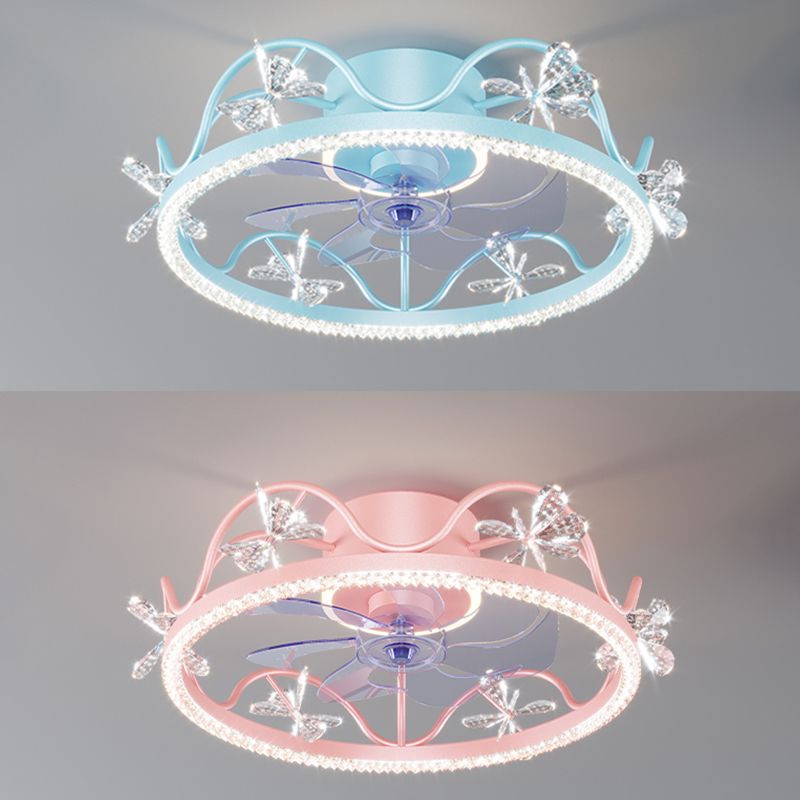 Crown Shaped Kids Bedroom Fan Lighting Metal Macaron LED Semi Flush Ceiling Light with Crystal Decor