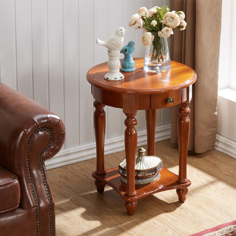 Traditional 24..4" Tall End Table in Brown Solid Wood Round Side Table with Shelf