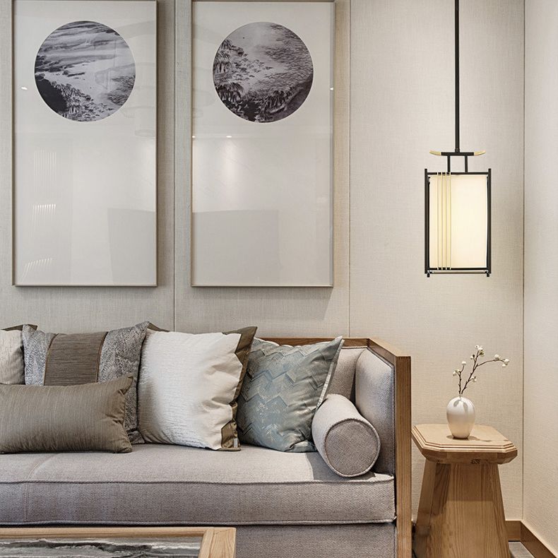 Rectangle Fabric Shade Pendant Hanging Lamp Chinese Style 1 Light Bedroom Hanging Ceiling Light