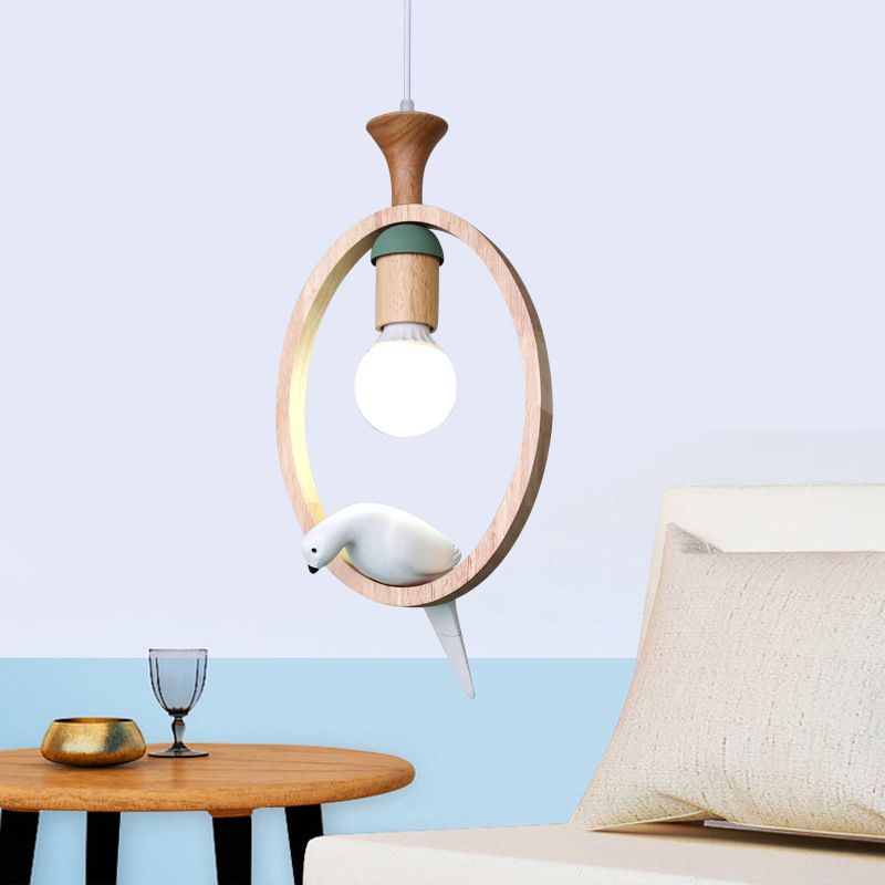 Dadelloze houten suspensielamp Noordse 1-licht hangerverlichting met harsvogel decor