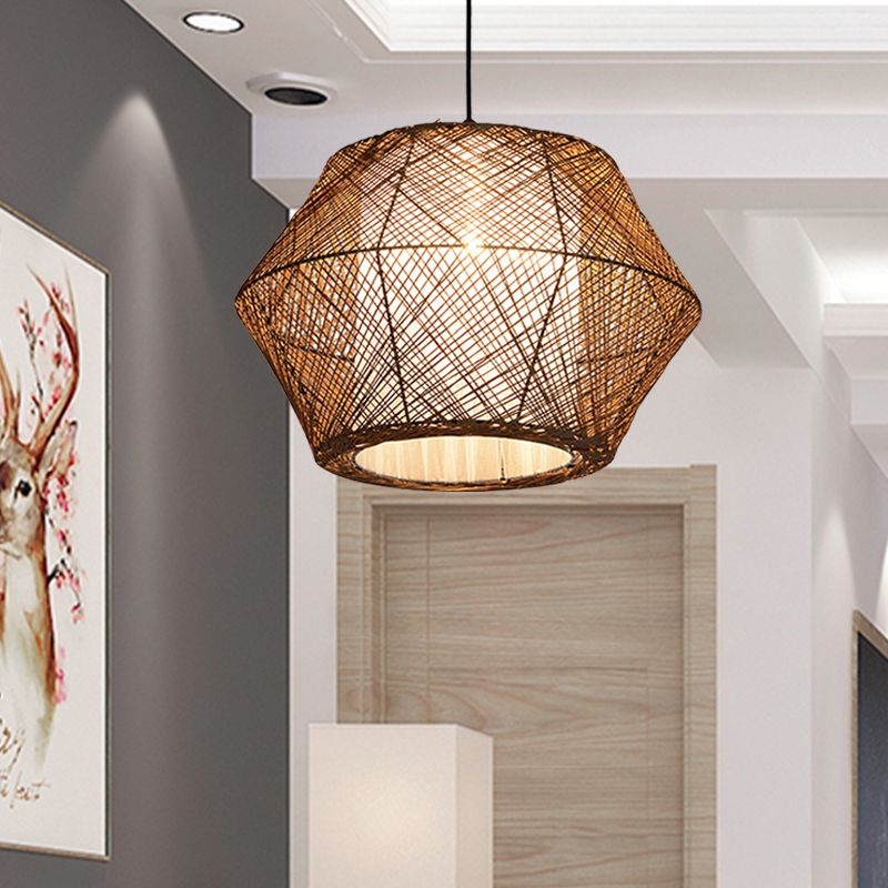 Handmade Ceiling Pendant Light with Geometric Shade Asian Style Rattan Fiber 1 Light Beige Suspended Lamp