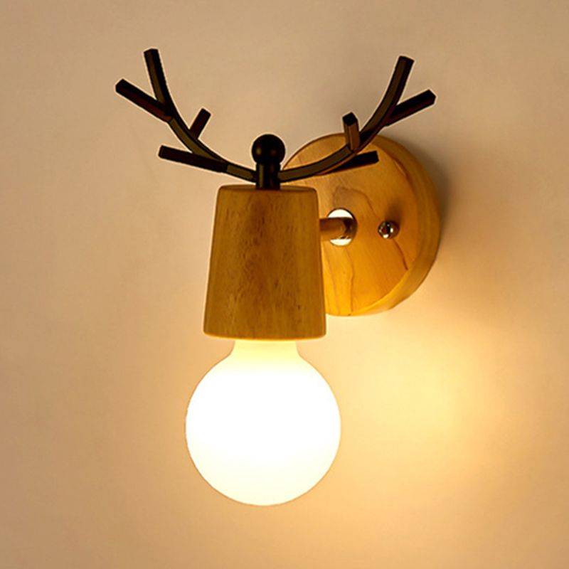 Wooden Wall Lamp in Modern Minimalist Style White Glass Wall Sconce with Antler Decoration