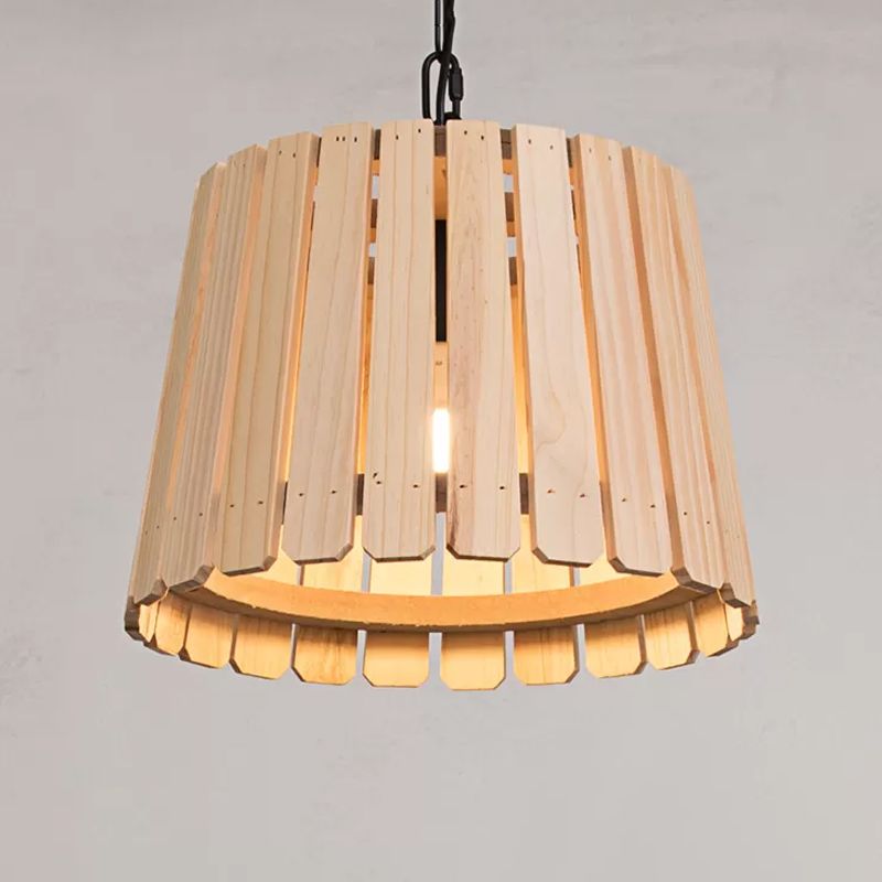 Single Pendant Lamp Rustic Hollowed Barrel Wood Hanging Ceiling Light with Chain over Table