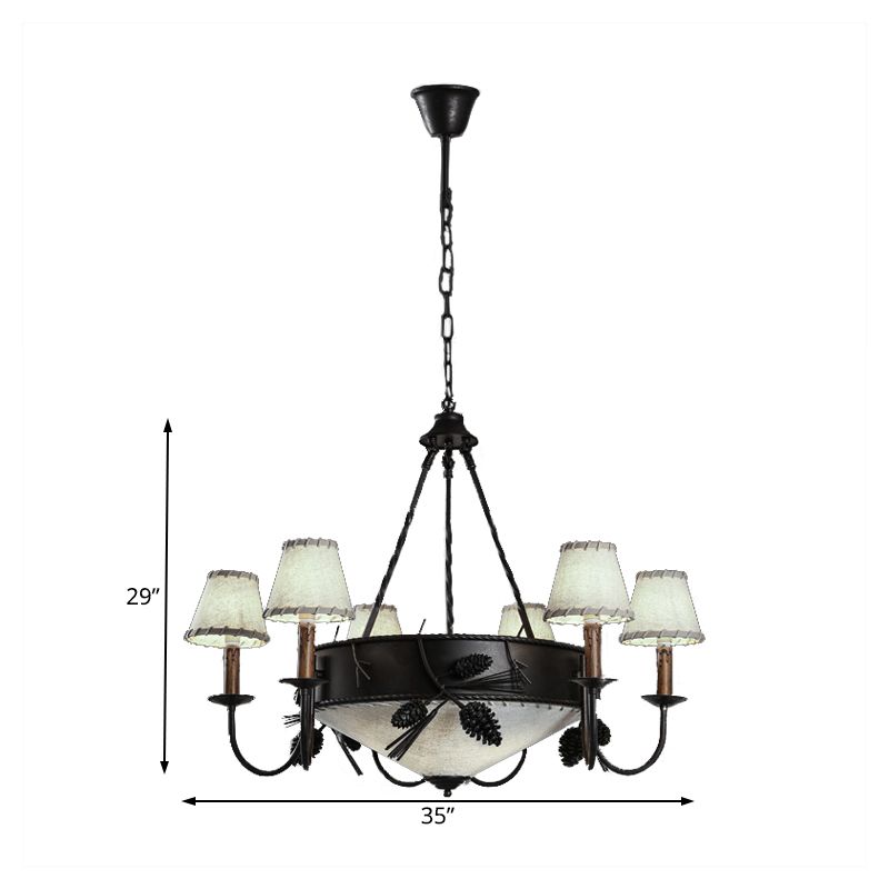 9 Lights Ceiling Light Country Domed Frosted Glass Hanging Chandelier in Black for Dining Room with Fabric Shade