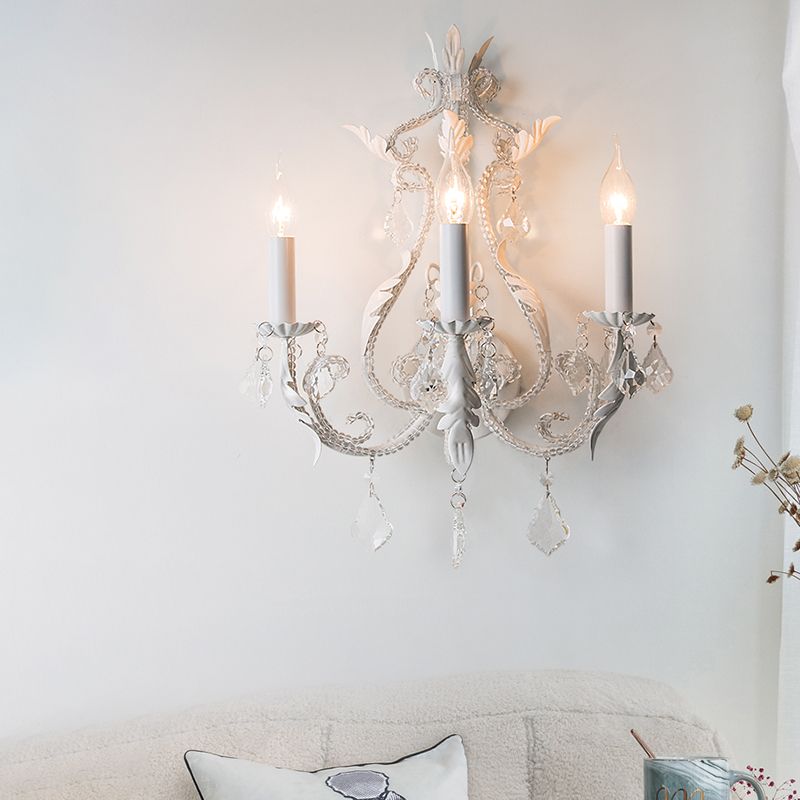 Traditional Candlestick Wall Mount Light 3 Bulbs Metallic Wall Light Fixture with Crystal Draping in White