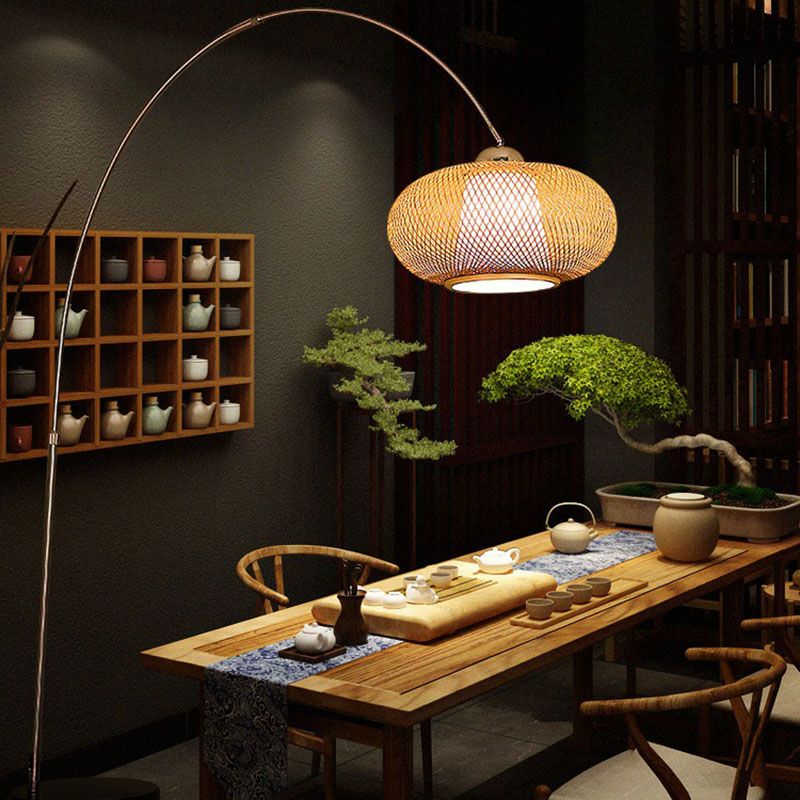 Lantern Tea Room Standing Light Bamboo 1��Bulb Minimalist Floor Lighting with Fishing Rod Arm in Wood