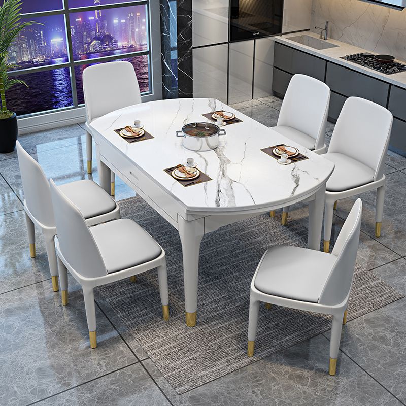 Round Marble Dining Table Modern 4 Legs Dining Table with Leaf Extension