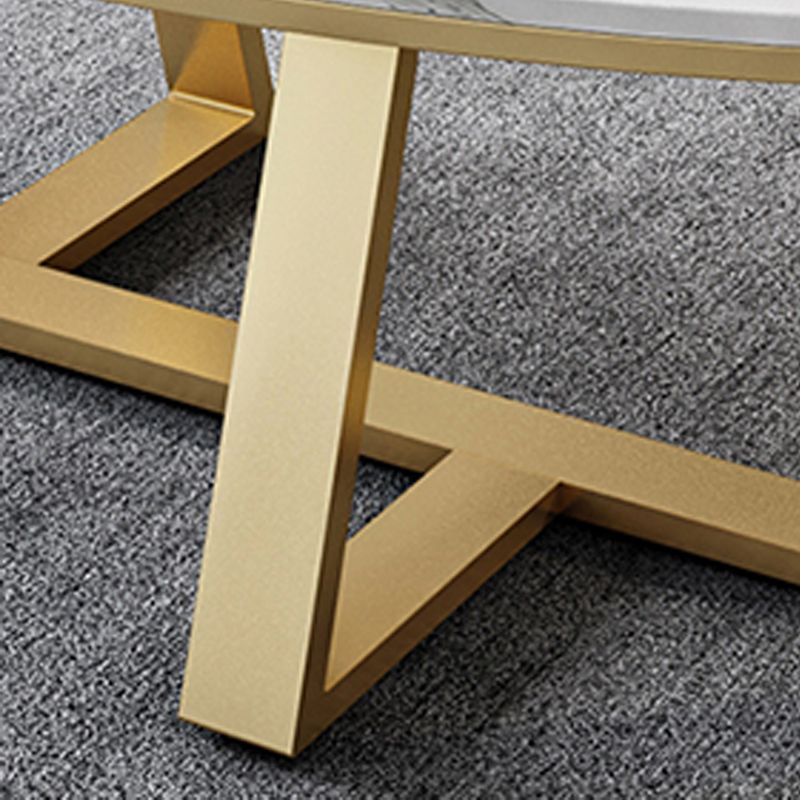 Oval Stone Top Coffee Table with Iron Cross Base Cocktail Table in White