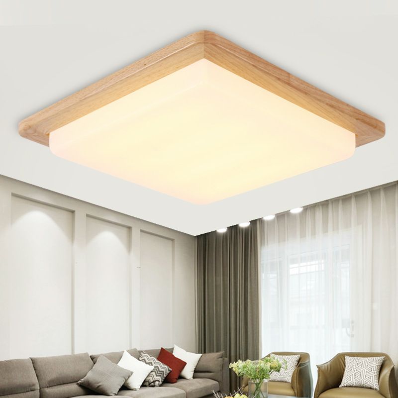 Square Ceiling Mounted Light Modernism Acrylic Beige LED Flush Mount Lamp with Wood Canopy in White/Warm Light, 12.5"/14"/18"/22"/26" Wide