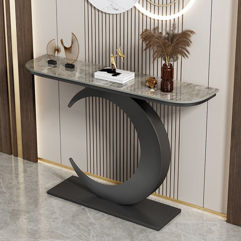 Stain Resistant Console Table with Iron Pedestal Base and Stone Top