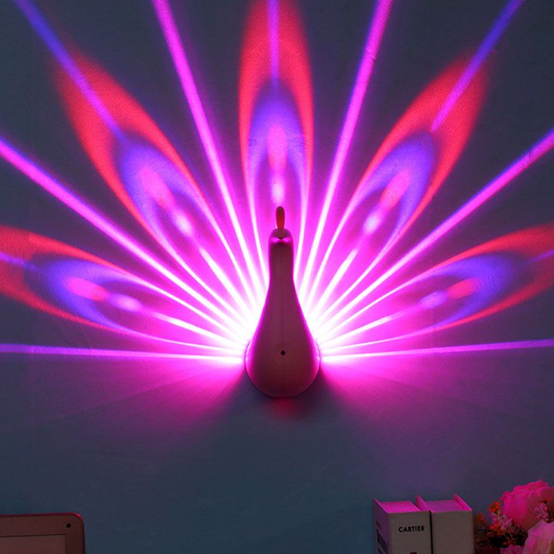 Pink/Green/White Peacock Wall Lighting Modern Stylish Plastic LED Sconce in Multi-Colored Light