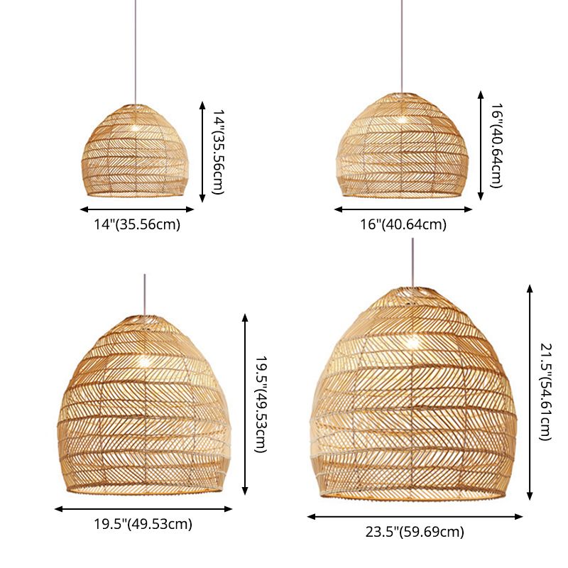 Living Room Pendant Lighting Chinese Beige Hanging Lamp with Elongated Dome Rattan Shade