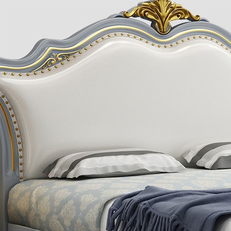 84.65 inch Wide Victorian Bed Pine Wood Bed Frame with Upholstered Headboard