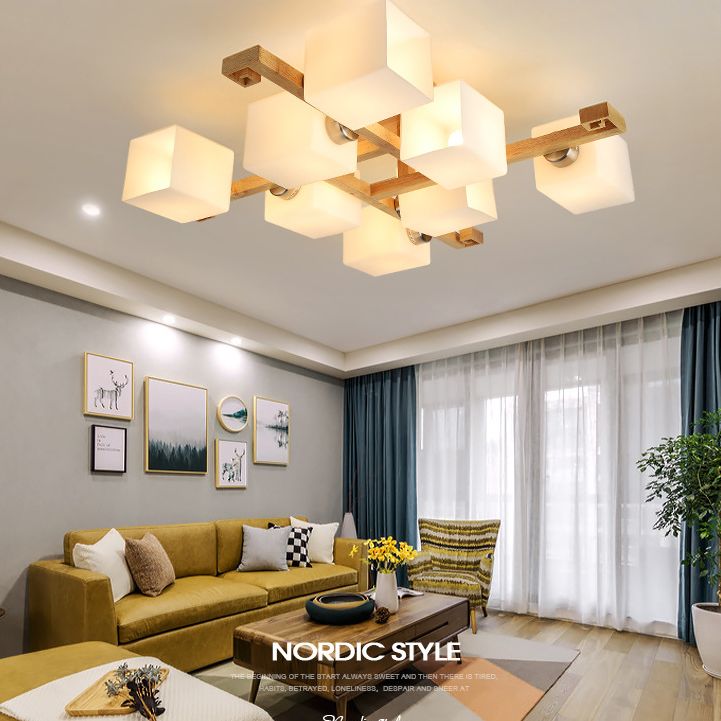 Bloc en verre blanc rinçage lustre nordique en bois semi-luxueux montage pour le salon