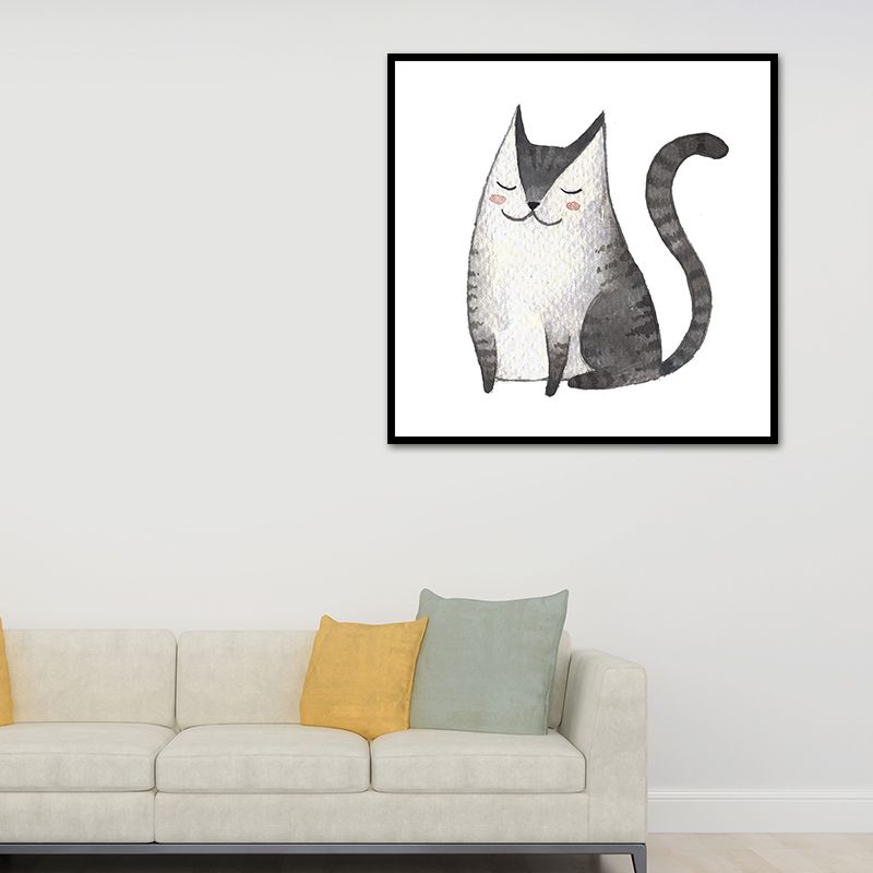 Childrens Art Cat Canvas Print White Botanical Wall Decor for Kids Bedroom, Textured