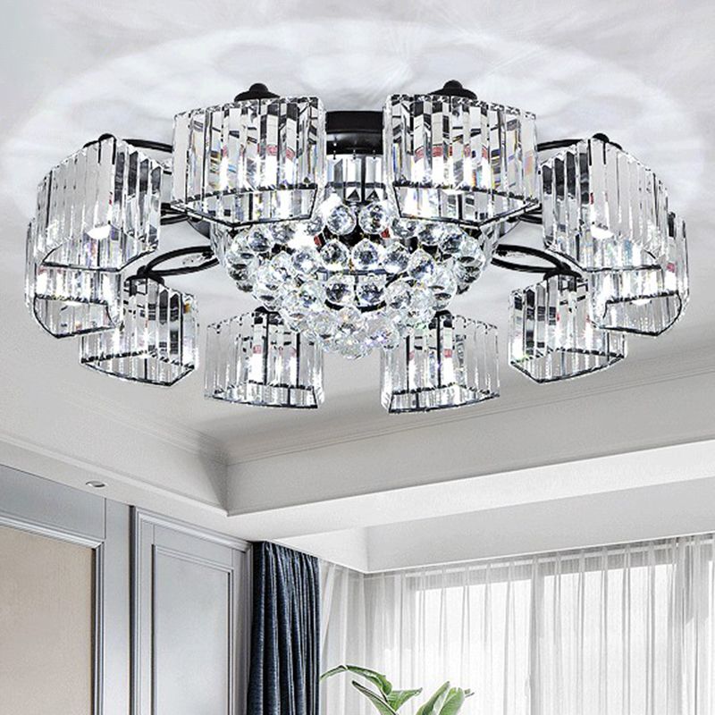 Circular Bedroom Ceiling Lamp Prismatic Crystal Minimalist Semi Mount Lighting in Black