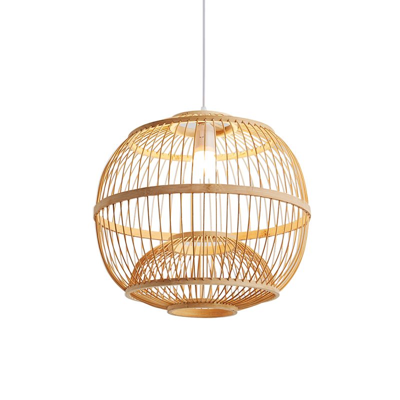 Bamboo Globe Suspension Light Simplicity 1-Light Wood Pendant Light Fixture for Restaurant