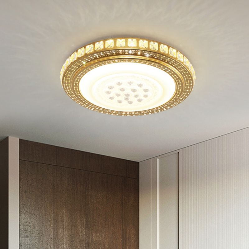 16"/19.5" W LED Parlor Ceiling Lighting Simplicity Gold Flush Mount Light with Round Faceted Crystal Shade