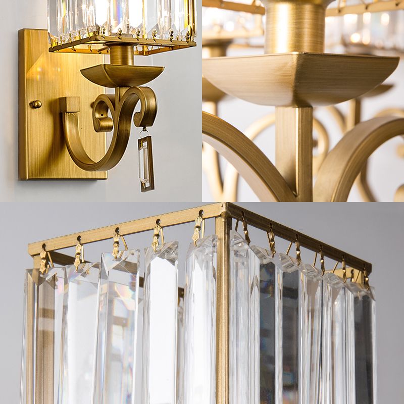 Traditional Armed Sconce Metal 1 Bulb Wall Mounted Light Fixture in Gold with Square Ribbed Glass Shade