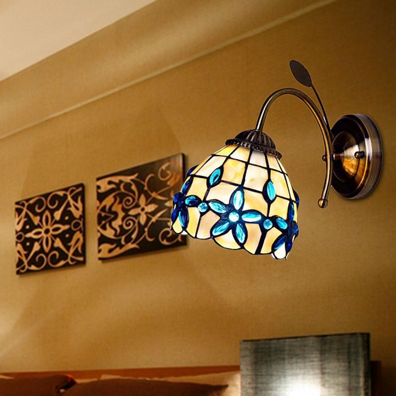 Shell Blossom Wall Light with Leaf Single Bulb Tiffany Wall Sconce for Study Room