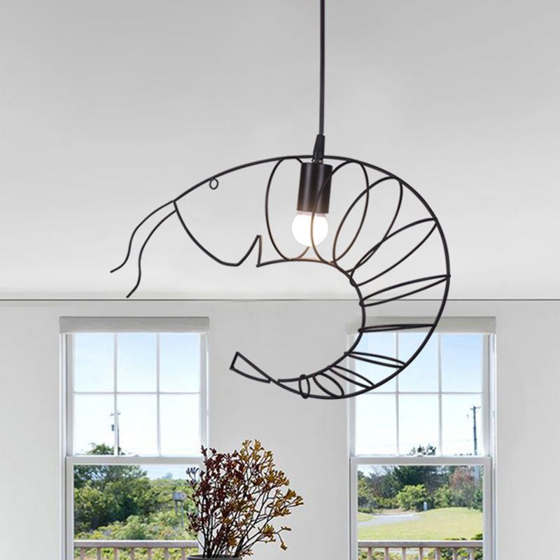 1 Light Metal Hanging Lamp Retro Stylish Black/Red/White Shrimp Dining Room Pendant Light with Wire Guard