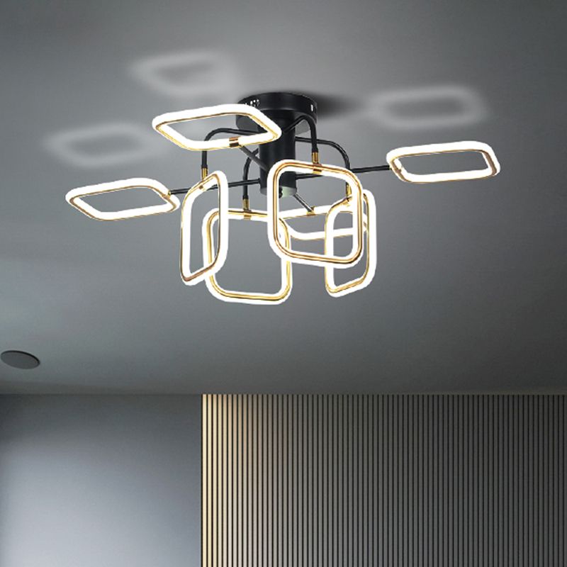 Gold-Black Square Semi-Flush Mount Modern 8 Bulbs Acrylic Ceiling Light Fixture in Warm/White Light