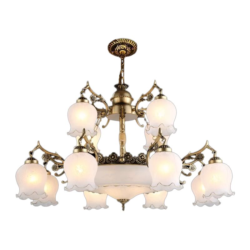 Bronze 15 Lights Chandelier Rural Opal Glass Tiered Flowerbud Shaped Drop Lamp for Restaurant