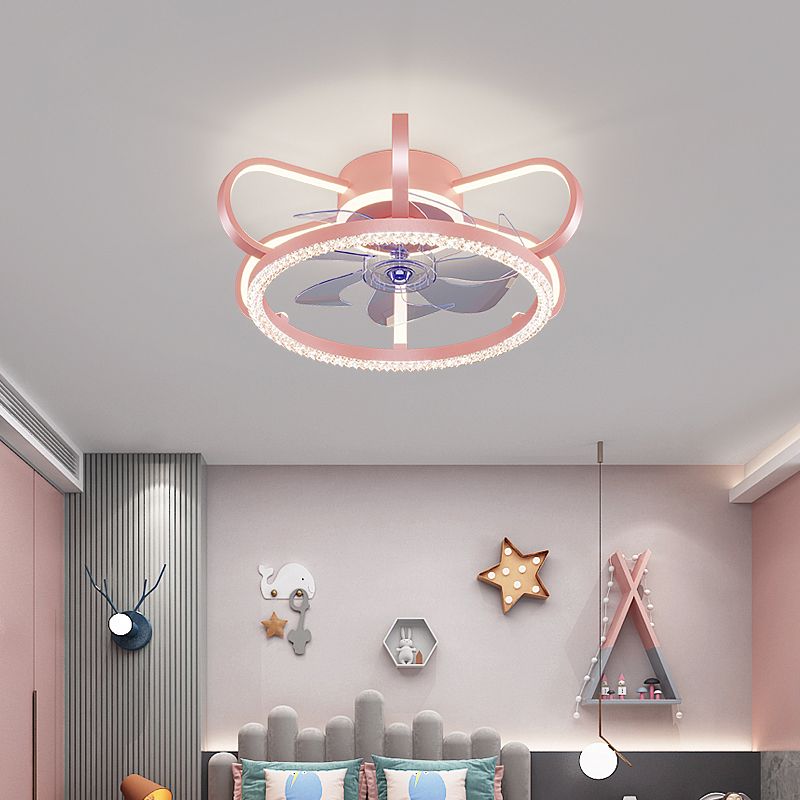 Crown Shaped Kids Bedroom Fan Lighting Metal Macaron LED Semi Flush Ceiling Light with Crystal Decor