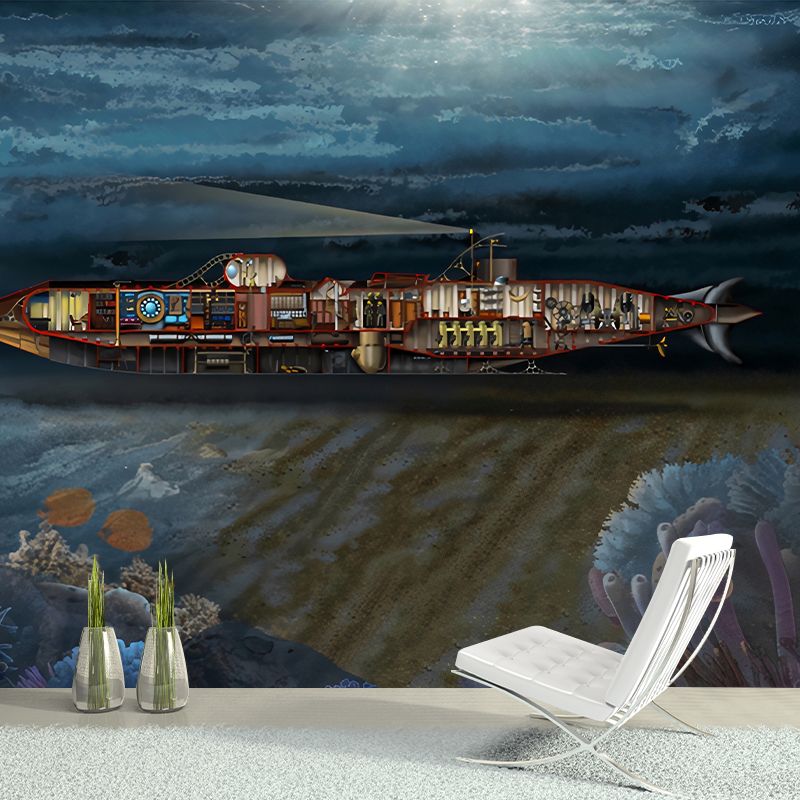 Childrens Art Submarine Wallpaper Murals for Boys Bedroom Personalized Wall Covering in Dark Color