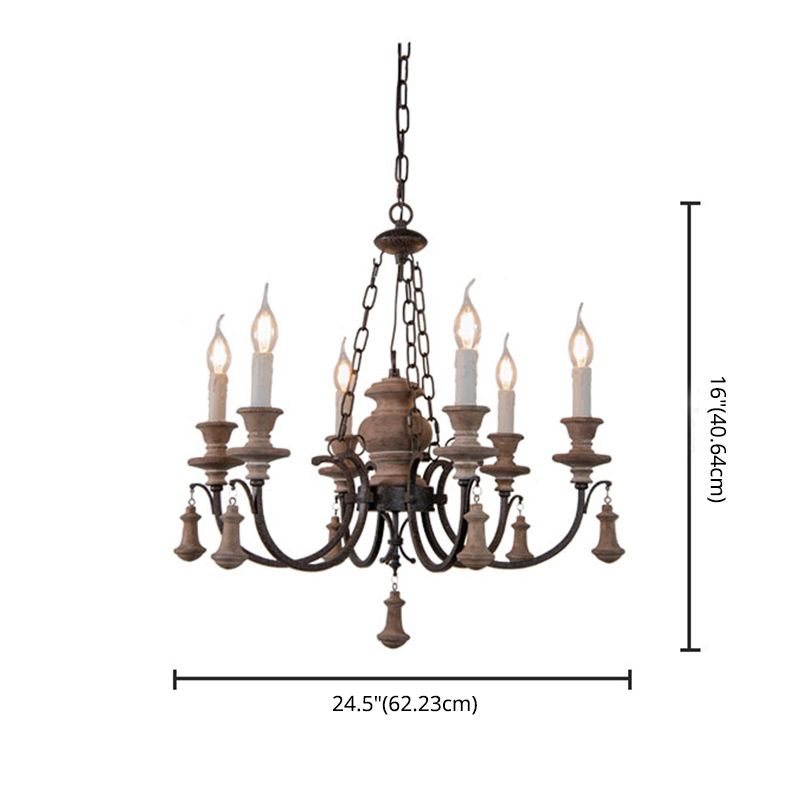 Wooden Brown Chandelier Candle Style 6-Light French Country Suspension Light