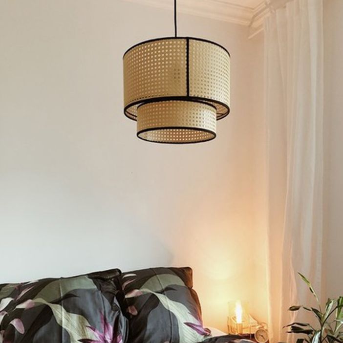 Beige Hand-Worked Pendant Chinese Style 1 Bulb Bamboo Cylindrical Hanging Light for Dining Table