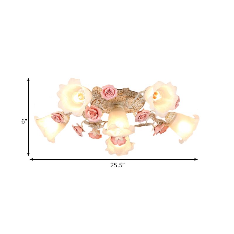 Pink 4/6 Köpfe Halbflush Mount American Blumenmilchglas Morgen Ruhmelle Deckenleuchte