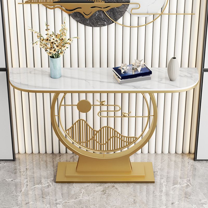 31.49" High Stone Console Table Half Moon Accent Table with Iron Frame