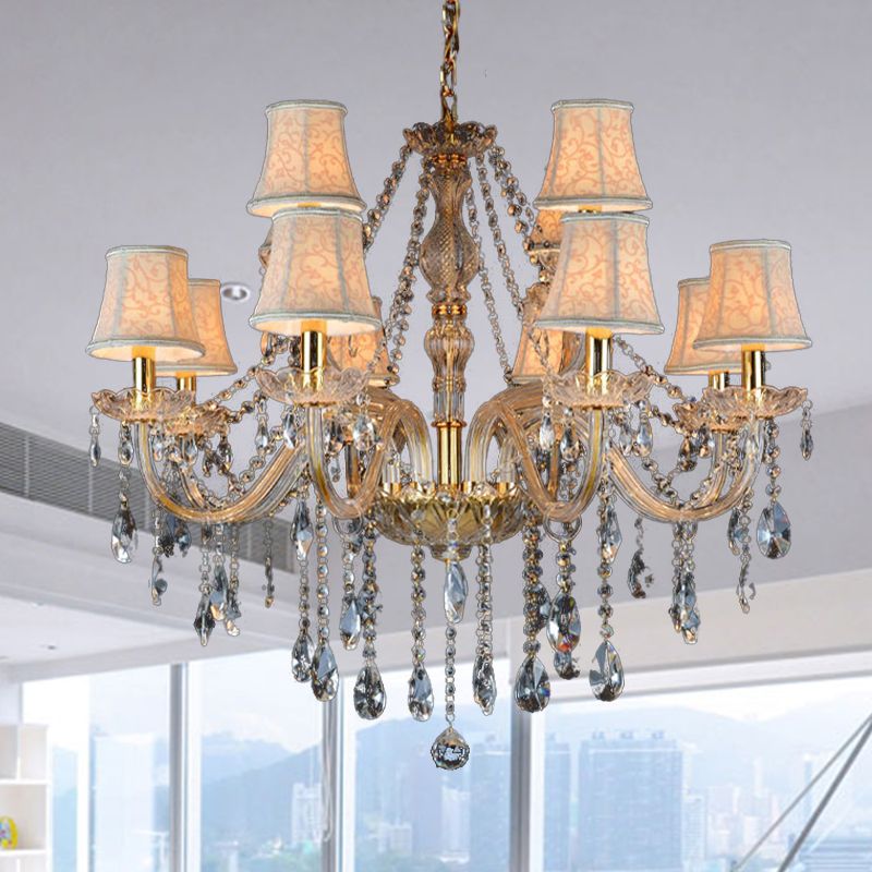 Armed Clear K9 Crystal Pendant Chandelier Rustic 6/8/10 Heads Beige Hanging Ceiling Light with Flared Fabric Shade