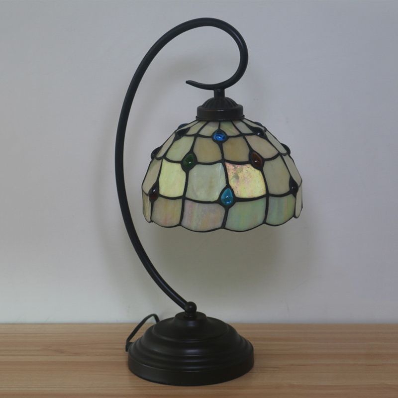 Curvy Arm Metal Night Table Light Baroque 1 Light Dark Coffee Task Lighting with Lattice Bowl Beige Glass Shade