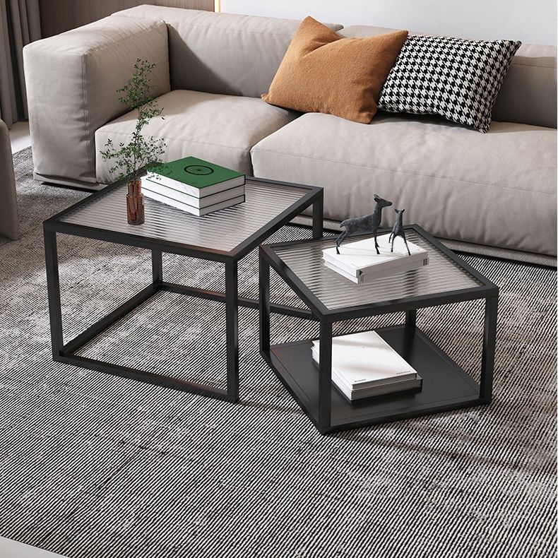 Contemporary Square Nesting Coffee Table Set with Glass Top and Iron Base