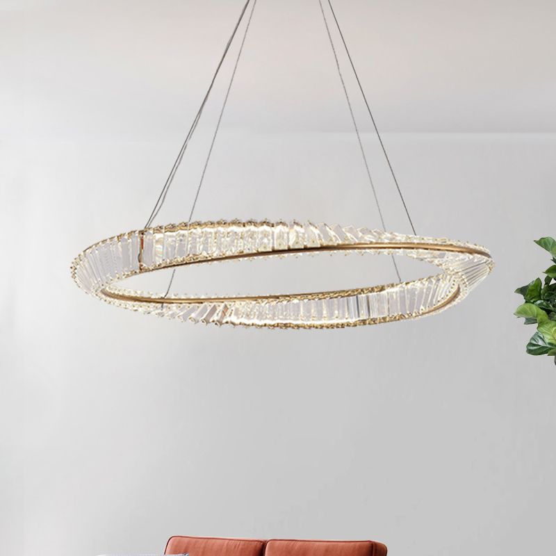 Modern Luxury Circular LED Pendant Light Wrought Iron Hanging Lamp with Crystal Shade