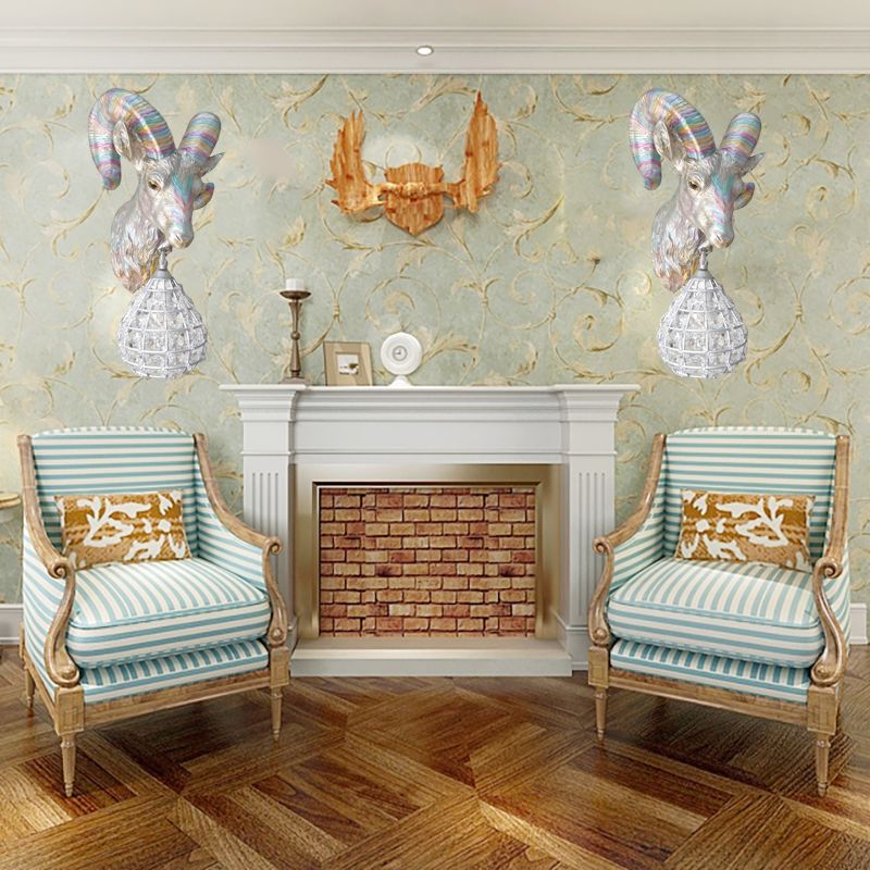 1 Light Resin Wall Lamp Rustic Silver Goat Indoor Sconce Light Fixture with Orb Crystal Shade