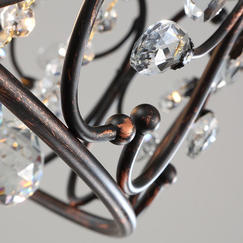 3-Lights Drum Ceiling Light with Romantic Crystal Drops Design Wrought Iron Semi Flush-mount Lighting Fixture in Rust