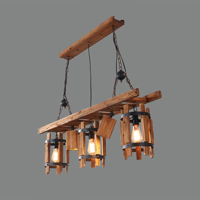 Gris / brun 5 lumières Drop Pendants Farmhouse Wood Cylinder Frame Island Éclairage avec design d'échelle