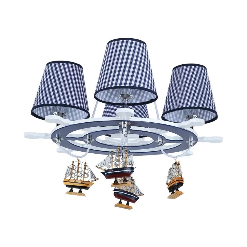 Rudder Study Room Chandelier with Plaid Shade & Ship Wood 4 Lights Nautical Pendant Light