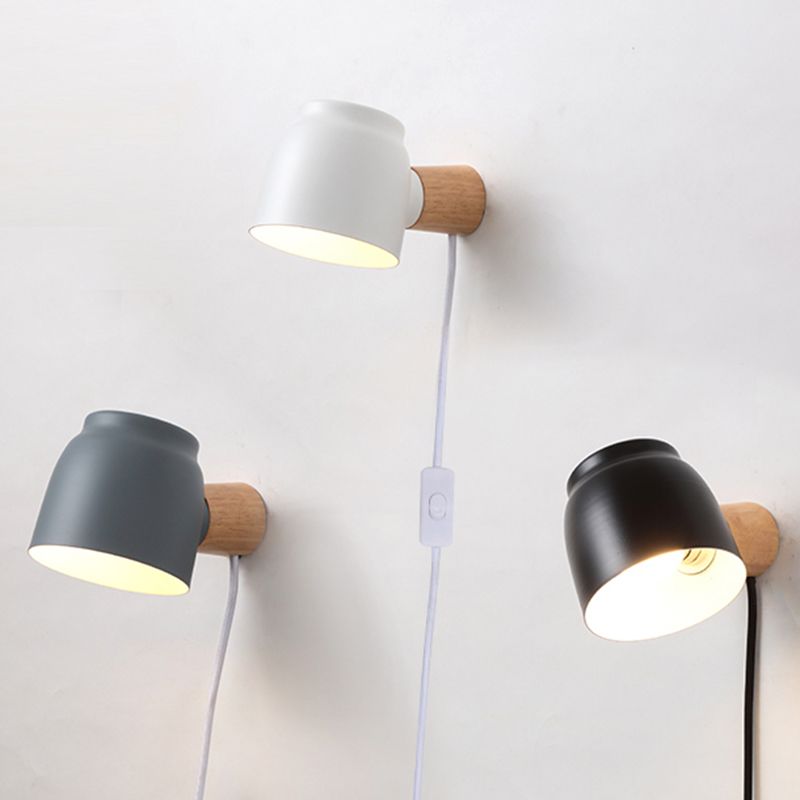 Nordic Wood Wall Light Geometric Metal Shade Wall Sconce with Switch for Bedroom