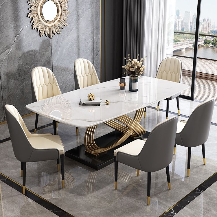 Stone Top Dining Table Modern Rectangle Dining Table with Gold Pedestal Base