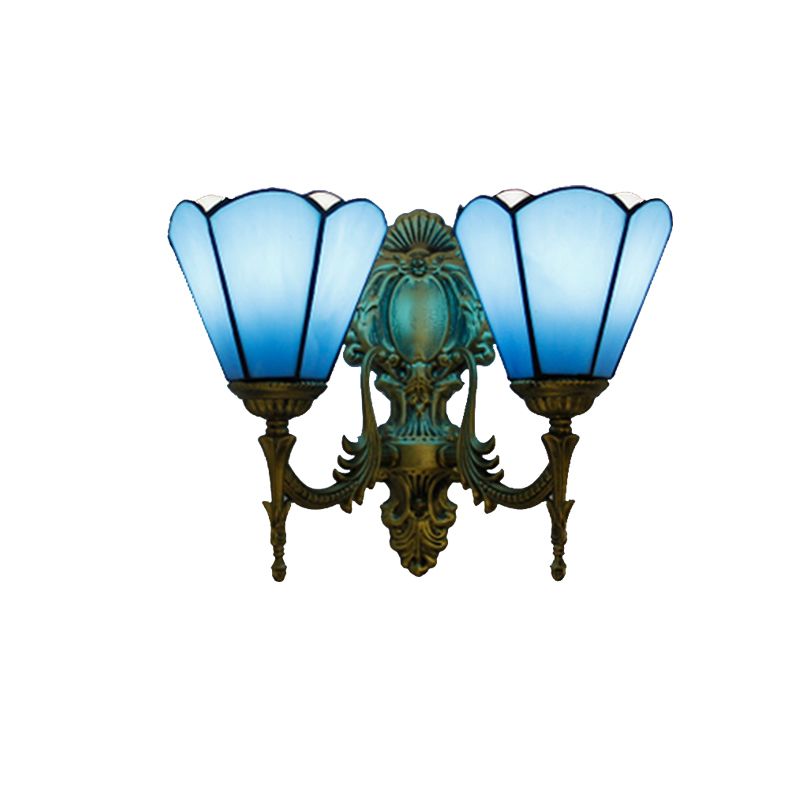 Blue Glass Cone Wall Sconce Lighting Traditional Double Wall Mount Light for Dining Room