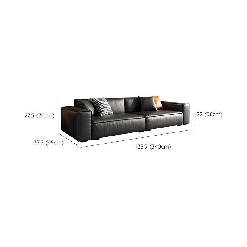 Modern Square Arm Sectional, Genuine Leather Sectional Couch in Black