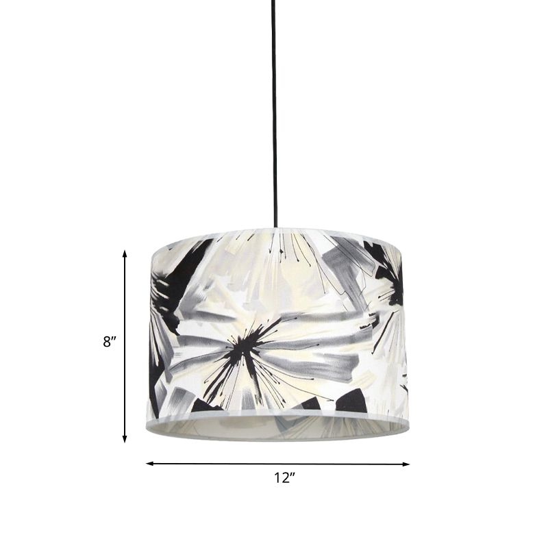 Printed Fabric Drum Shade Pendulum Light Contemporary 1 Bulb Black and White Pendant Lighting Fixture