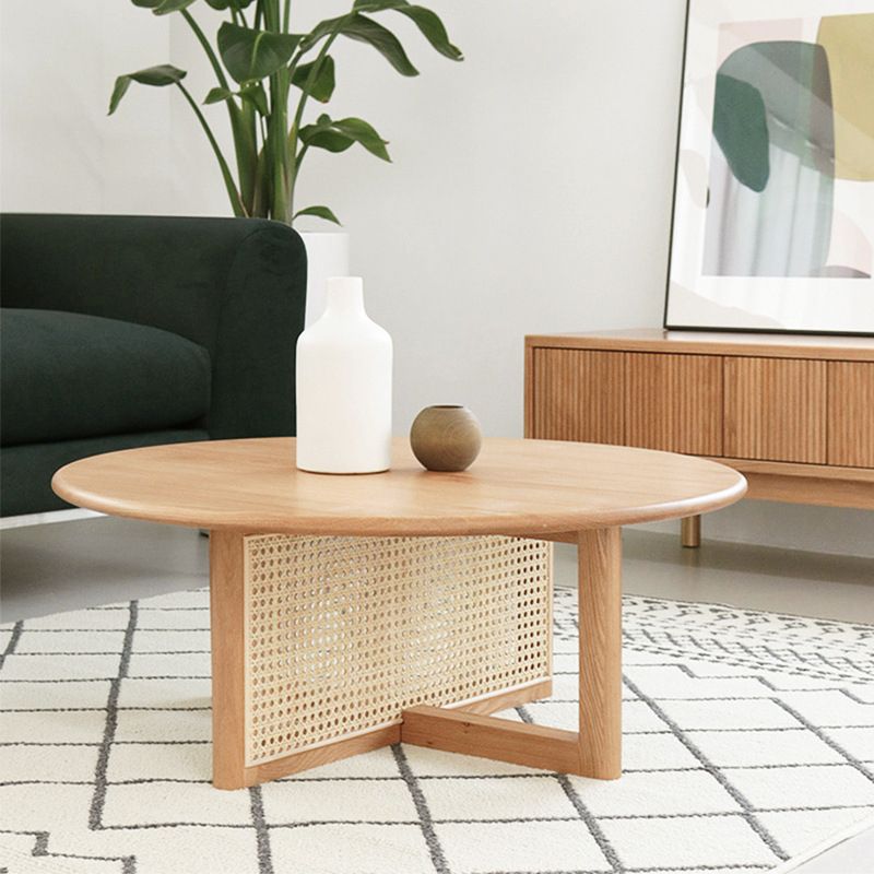 Scandinavian Round Coffee Table with Cross Legs in Pine Wood